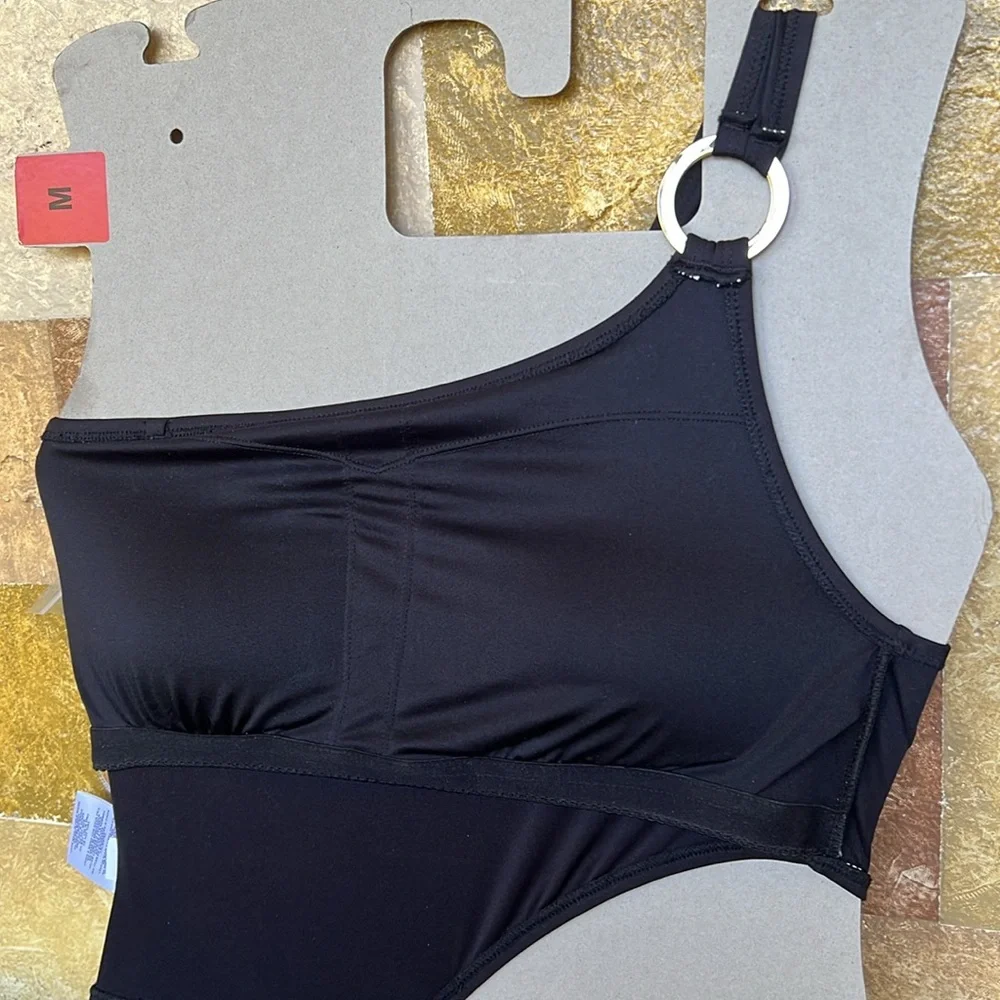 NEW Michael Kors One Shoulder O-Ring Black Cut-Out One Piece Swimsuit, Size 8